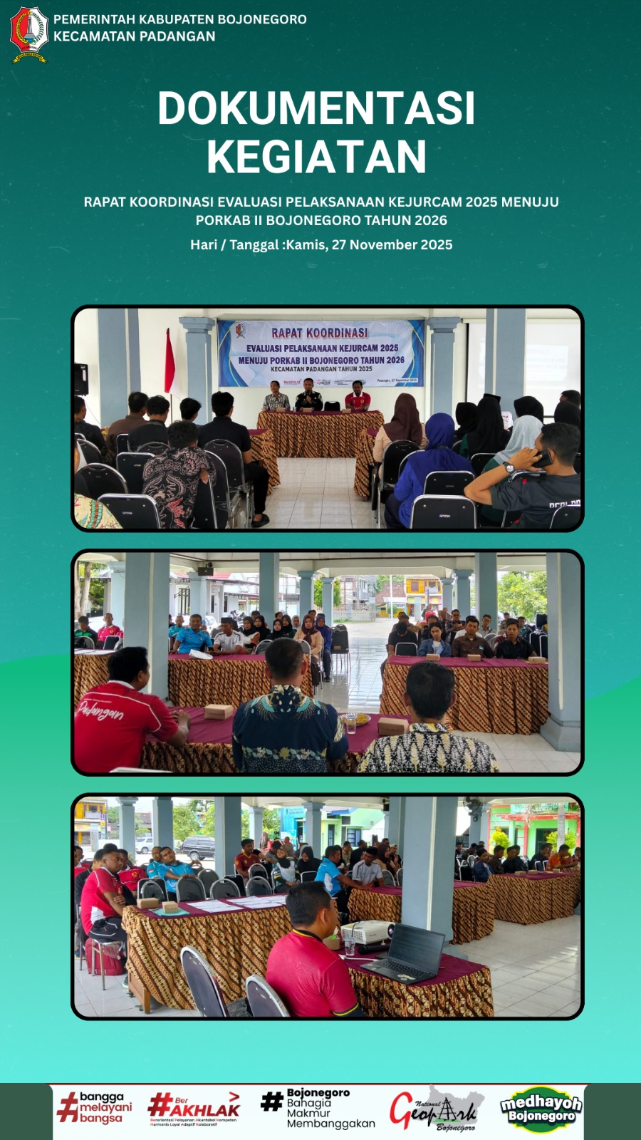 RAPAT KOORDINASI EVALUASI PELAKSANAAN KEJURCAM 2025 MENUJU PORKAB II BOJONEGORO TAHUN 2026